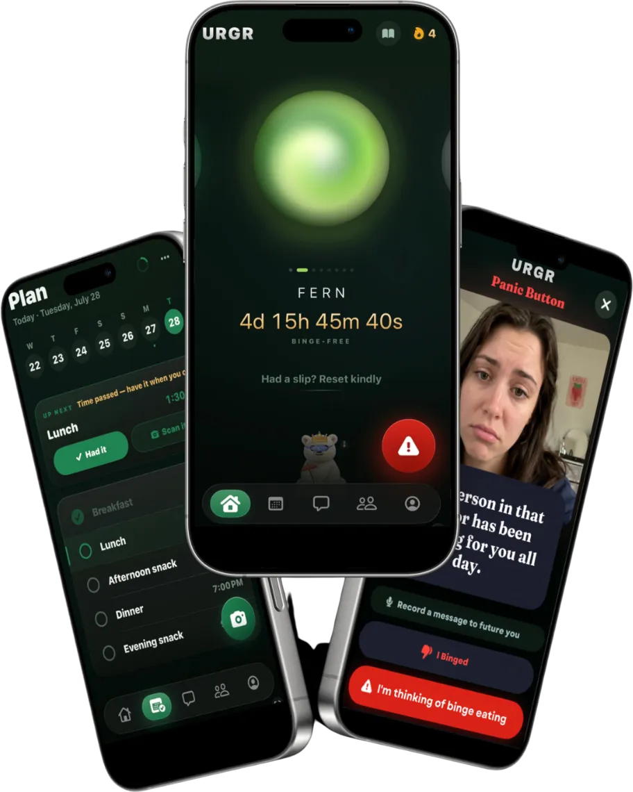 URGR app screens showing the binge-free timer, meal plan, and panic button